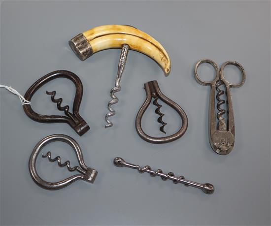 Six 19th century corkscrews,